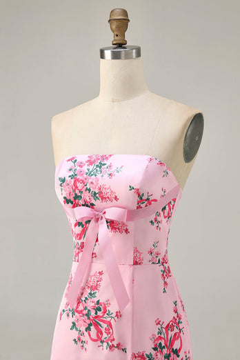 White Blue Flower Strapless Tight Short Prom Dress with Bow