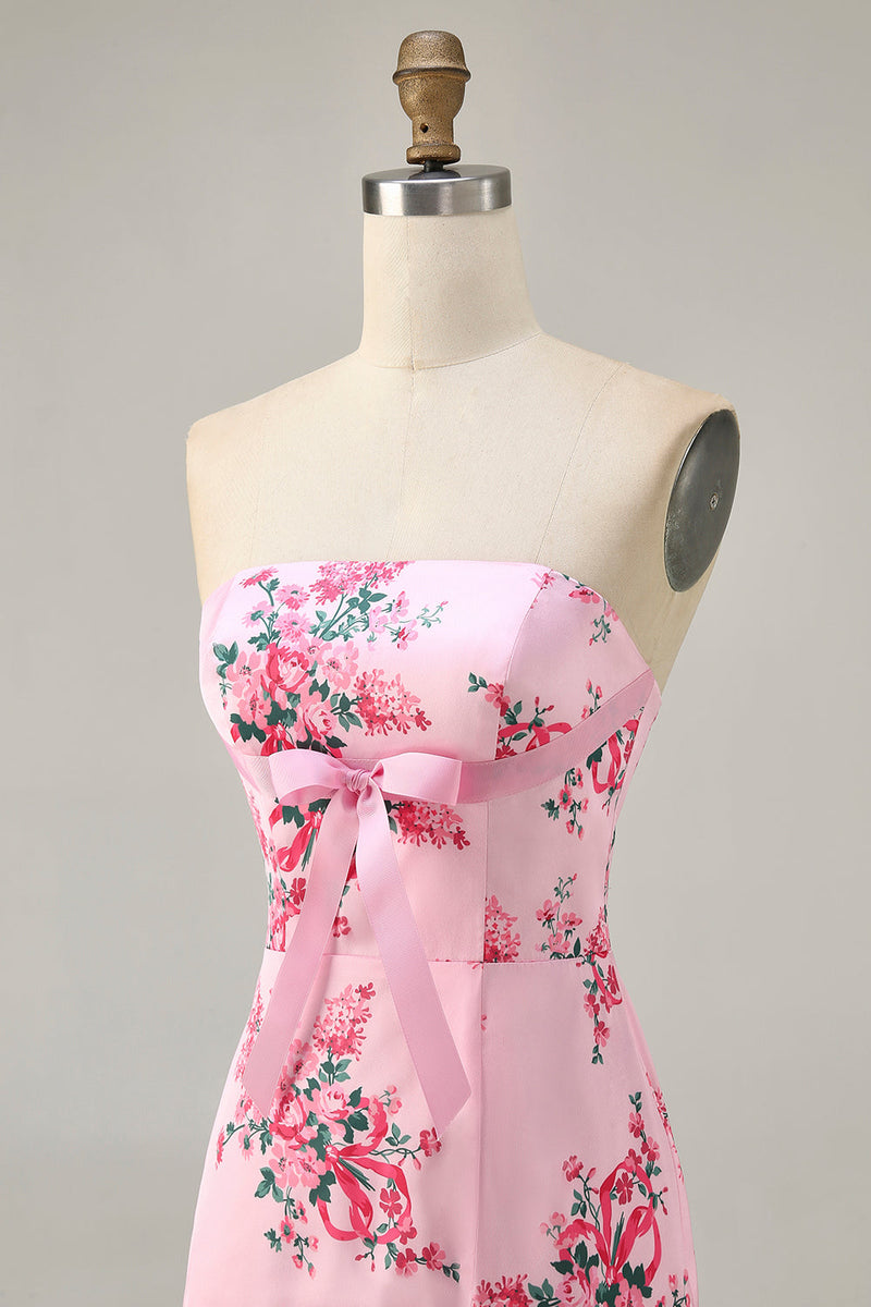 Load image into Gallery viewer, White Blue Flower Strapless Tight Short Prom Dress with Bow