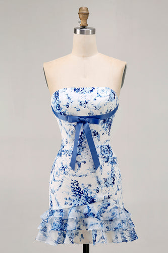White Blue Flower Strapless Tight Short Prom Dress with Bow