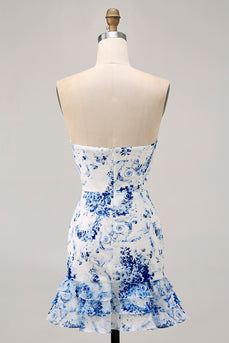 White Blue Flower Strapless Tight Short Prom Dress with Bow