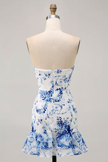 White Blue Flower Strapless Tight Short Prom Dress with Bow