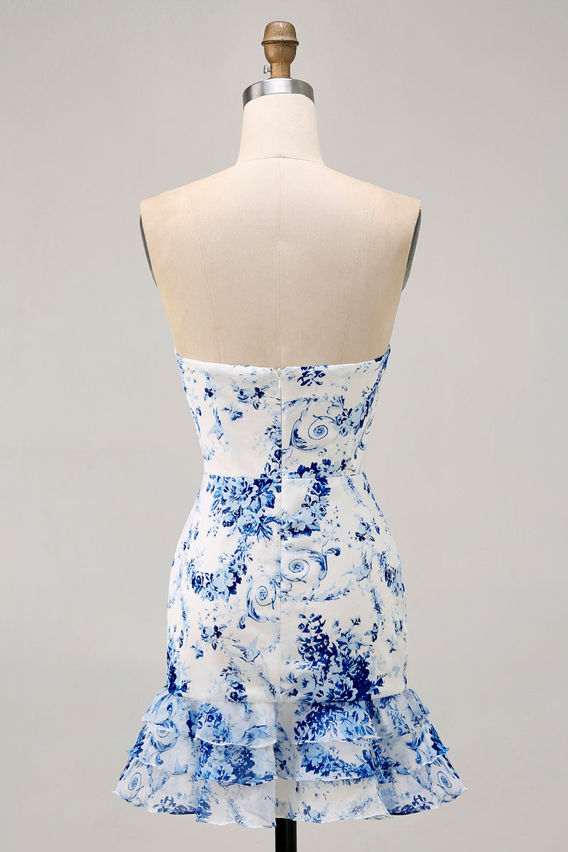 Load image into Gallery viewer, White Blue Flower Strapless Tight Short Prom Dress with Bow