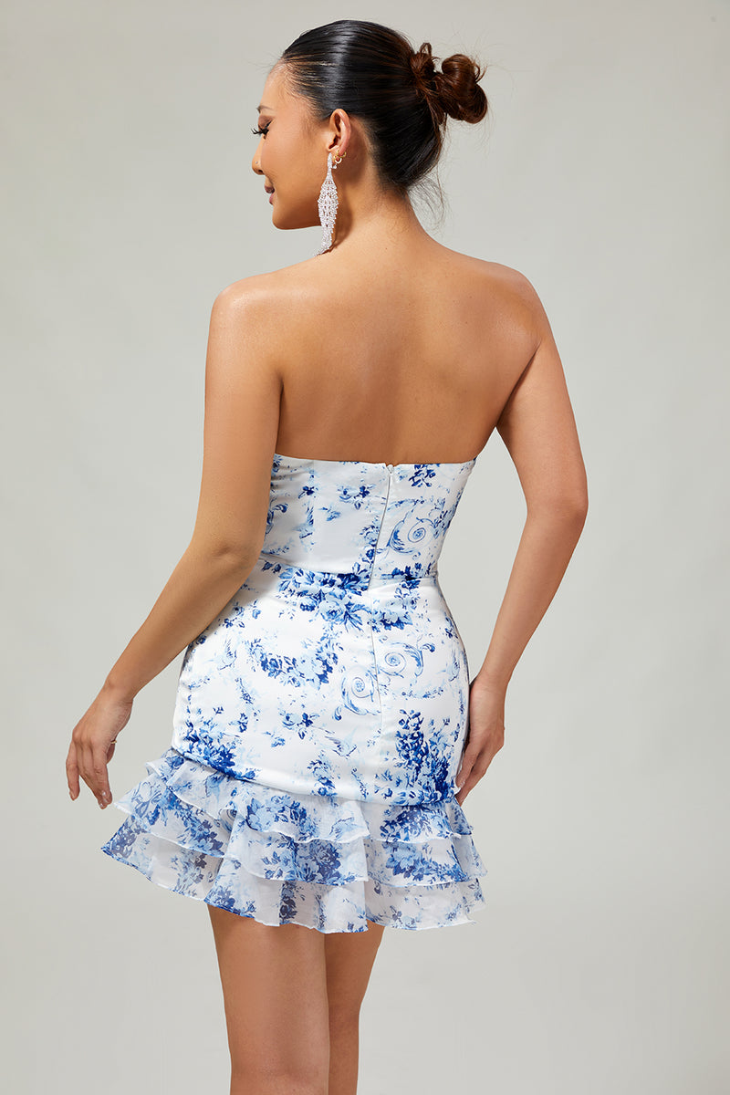 Load image into Gallery viewer, White Blue Flower Strapless Tight Short Prom Dress with Bow