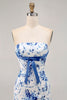 Load image into Gallery viewer, White Blue Flower Strapless Tight Short Prom Dress with Bow