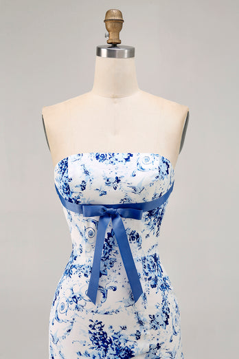 White Blue Flower Strapless Tight Short Prom Dress with Bow