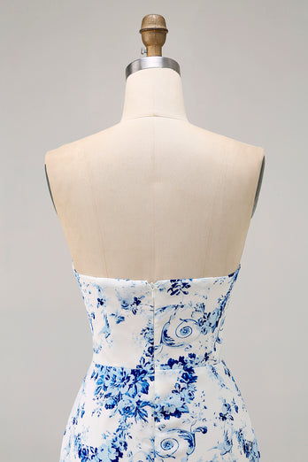 White Blue Flower Strapless Tight Short Prom Dress with Bow