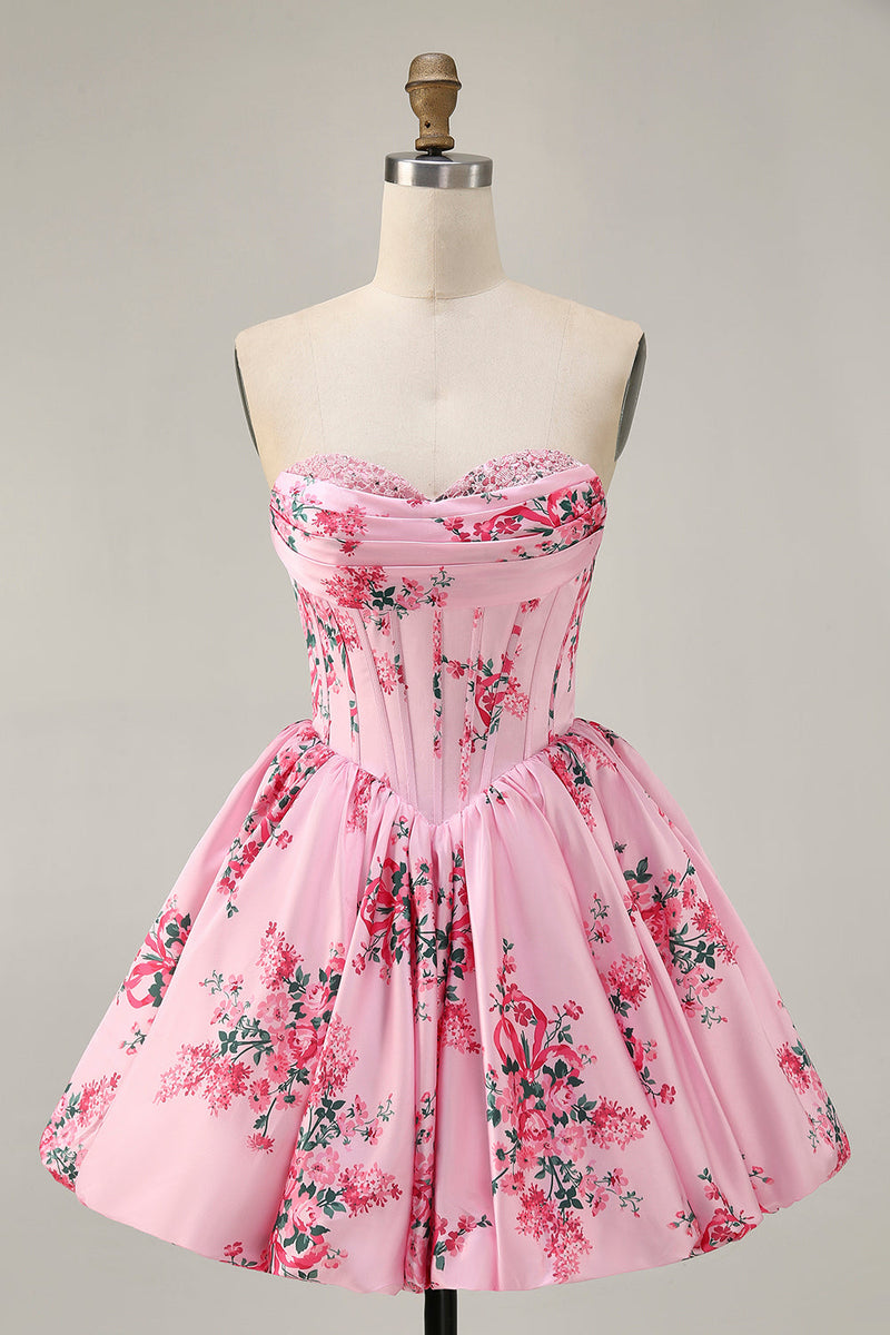Load image into Gallery viewer, White Blue Sweetheart Floral Corset Short Prom Dress