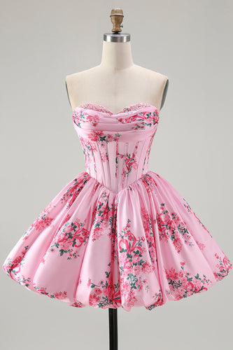 Pink Sweetheart Corset Floral Short Prom Dress