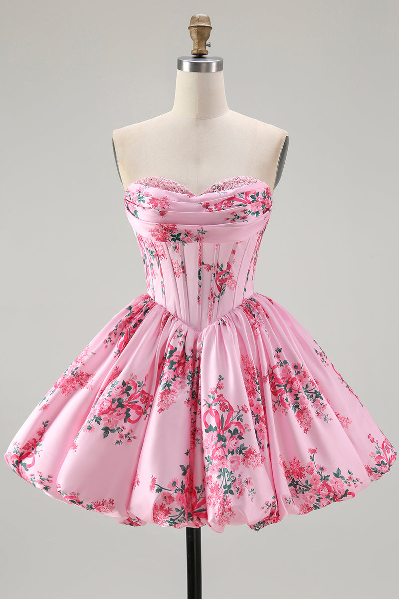 Load image into Gallery viewer, Pink Sweetheart Corset Floral Short Prom Dress