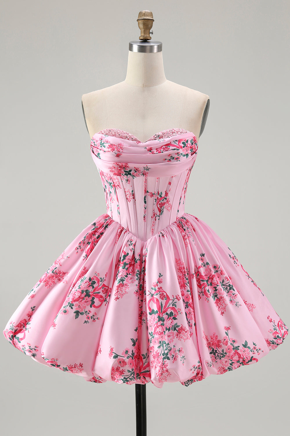 Pink Sweetheart Corset Floral Short Prom Dress