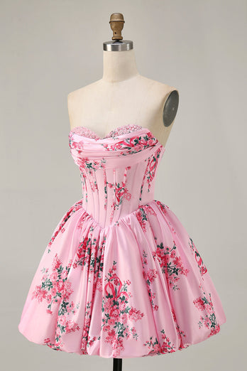 White Blue Sweetheart Floral Corset Short Prom Dress