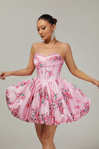 Pink Sweetheart Corset Floral Short Prom Dress