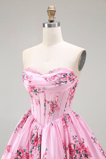 Pink Sweetheart Corset Floral Short Prom Dress