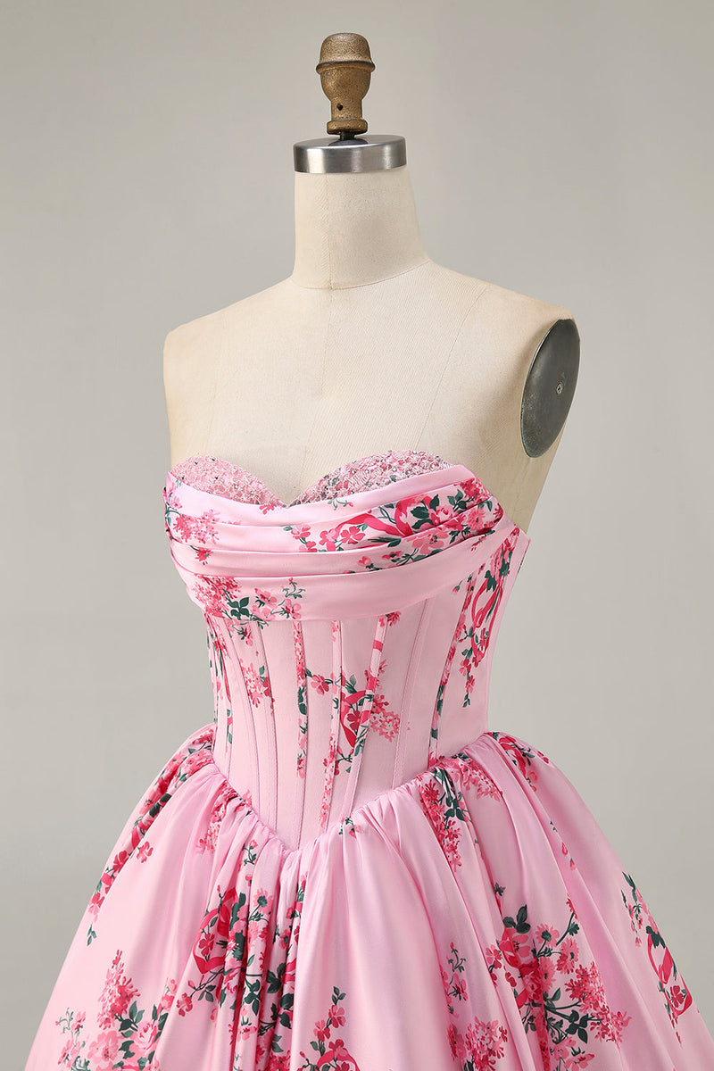 Load image into Gallery viewer, Pink Sweetheart Corset Floral Short Prom Dress