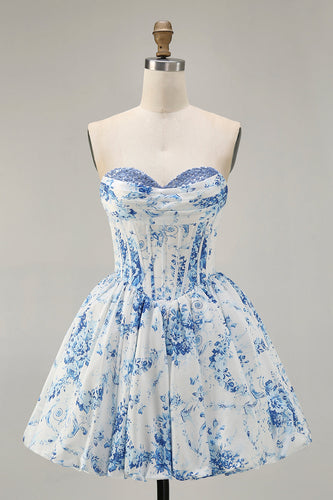 White Blue Sweetheart Floral Corset Short Prom Dress
