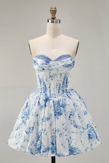 White Blue Sweetheart Floral Corset Short Prom Dress