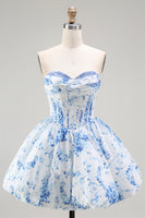 Load image into Gallery viewer, White Blue Sweetheart Floral Short Corset Prom Dress