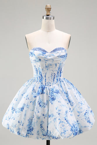 White Blue Sweetheart Floral Short Corset Prom Dress