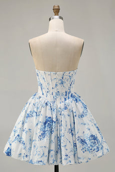 White Blue Sweetheart Floral Corset Short Prom Dress