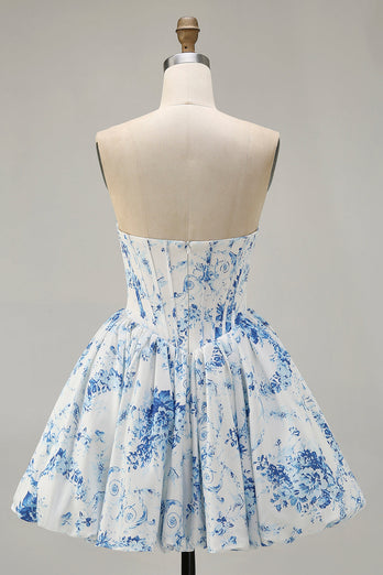 White Blue Sweetheart Floral Corset Short Prom Dress