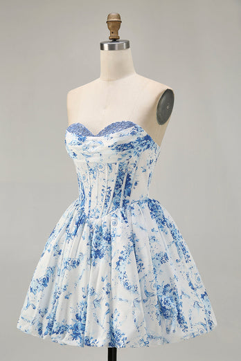 White Blue Sweetheart Floral Corset Short Prom Dress