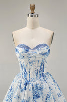 Load image into Gallery viewer, White Blue Sweetheart Floral Corset Short Prom Dress