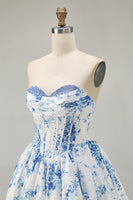 Load image into Gallery viewer, White Blue Sweetheart Floral Corset Short Prom Dress