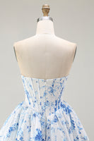 Load image into Gallery viewer, White Blue Sweetheart Floral Short Corset Prom Dress