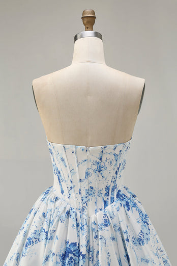 White Blue Sweetheart Floral Corset Short Prom Dress