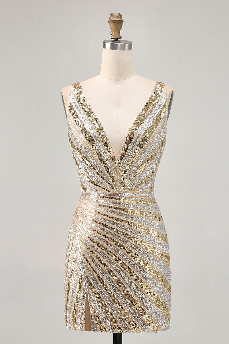 Load image into Gallery viewer, Women Sparkly Golden Short Prom Dress with Beading V-Neck Backless Tight Cocktail Dress