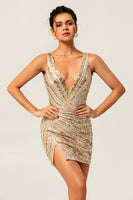 Load image into Gallery viewer, Sparkly Golden V-Neck Tight Short Prom Dress with Beading