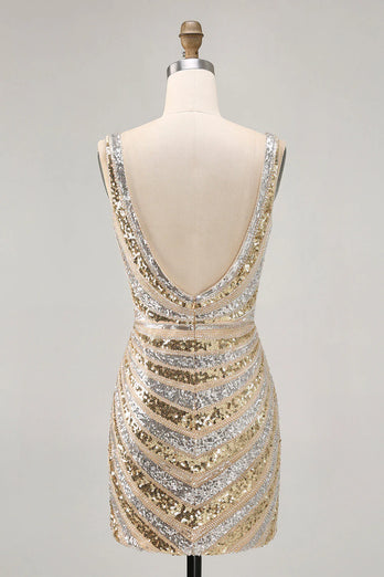 Sparkly Golden V-Neck Short Tight Prom Dress with Beading
