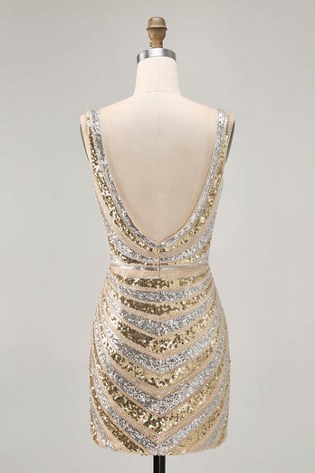 Sparkly Golden V-Neck Tight Short Prom Dress with Beading