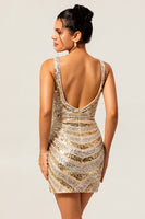 Load image into Gallery viewer, Sparkly Golden V-Neck Short Tight Prom Dress with Beading