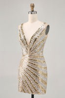 Load image into Gallery viewer, Sparkly Golden V-Neck Tight Short Prom Dress with Beading