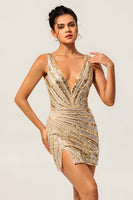 Load image into Gallery viewer, Sparkly Golden V-Neck Short Tight Prom Dress with Beading