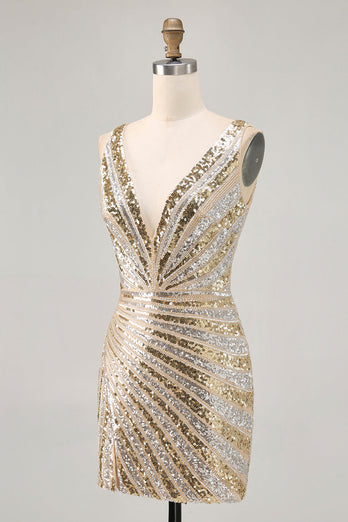 Sparkly Golden V-Neck Tight Short Prom Dress with Beading