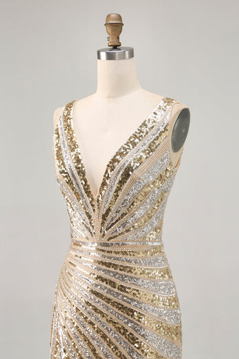 Sparkly Golden V-Neck Tight Short Prom Dress with Beading