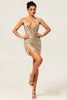 Load image into Gallery viewer, Sparkly Golden V-Neck Short Tight Prom Dress with Beading