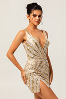 Load image into Gallery viewer, Sparkly Golden V-Neck Short Tight Prom Dress with Beading
