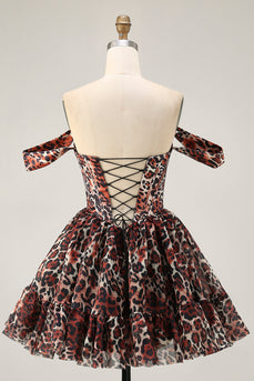Khaki Cheetah Print Off the Shoulder Corset Short Prom Dress