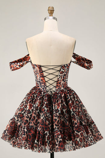 Khaki Cheetah Print Off the Shoulder Corset Short Prom Dress