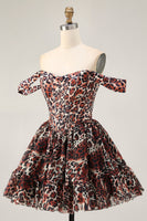 Load image into Gallery viewer, Khaki Cheetah Print Off the Shoulder Corset Short Prom Dress