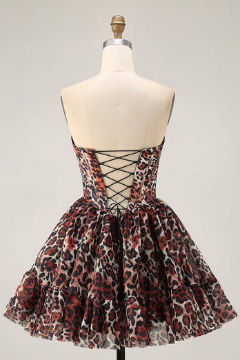 Khaki Cheetah Print Off the Shoulder Corset Short Prom Dress