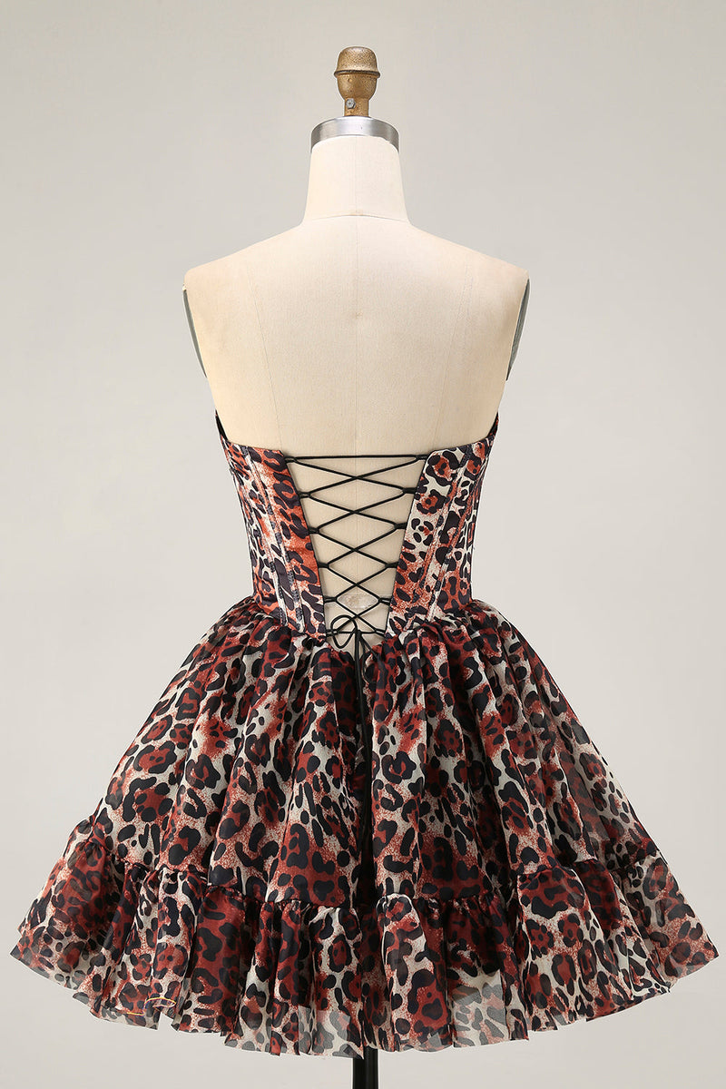 Load image into Gallery viewer, Khaki Cheetah Print Off the Shoulder Corset Short Prom Dress