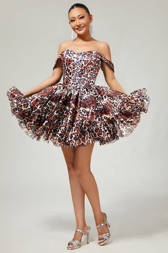 Khaki Cheetah Print Off the Shoulder Corset Short Prom Dress