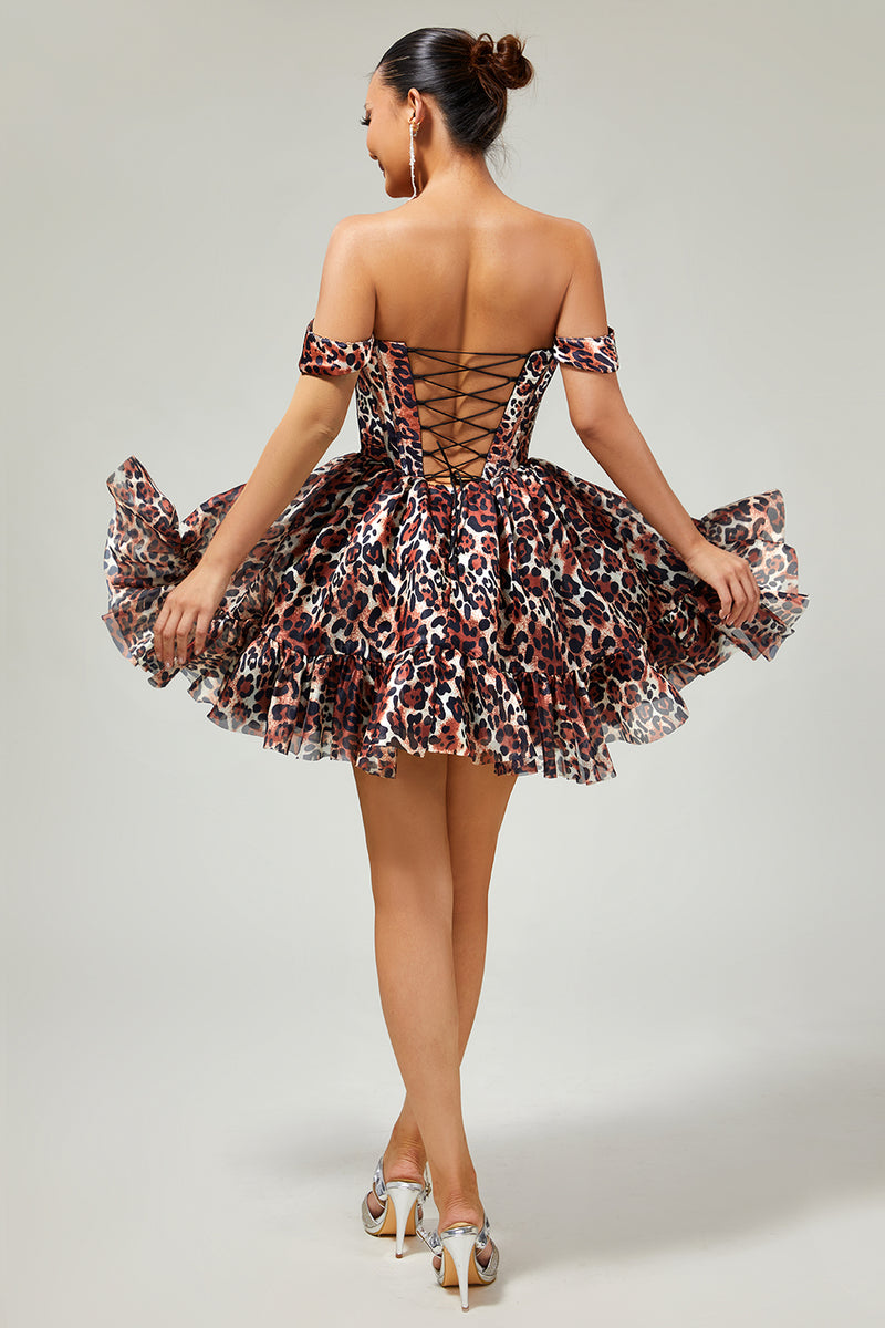 Load image into Gallery viewer, Khaki Cheetah Print Off the Shoulder Corset Short Prom Dress