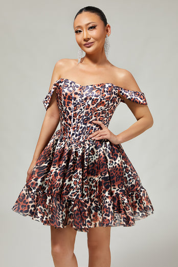 Khaki Cheetah Print Off the Shoulder Corset Short Prom Dress