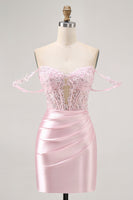 Load image into Gallery viewer, Sparkly Pink Beaded Short Corset Prom Dress with Lace