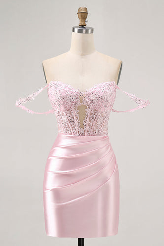 Sparkly Pink Beaded Short Corset Prom Dress with Lace
